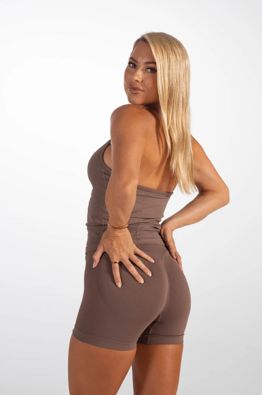 Club Athletica Flex Ruched Halter Tank Top Coffee Brown - Image 4